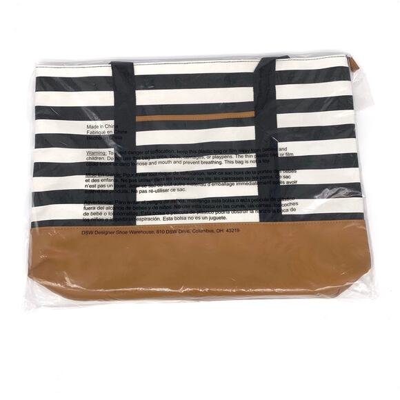 NWT DSW Unisex Striped Travel Tote Black White Tan - Picture 2 of 2